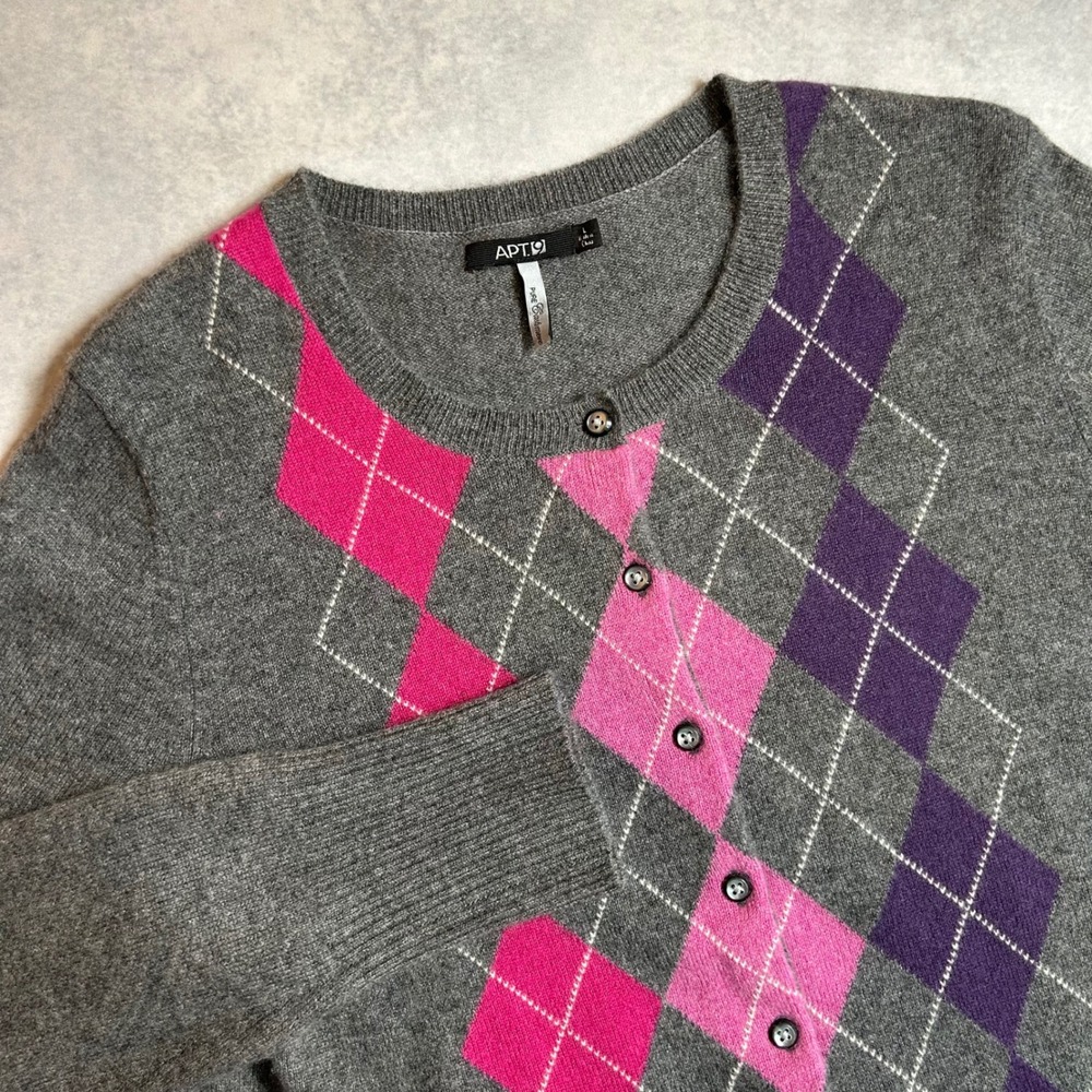 Apt 9 Pure Cashmere Argyle Cardigan Sweater Gray Pink Purple Womens Large Button